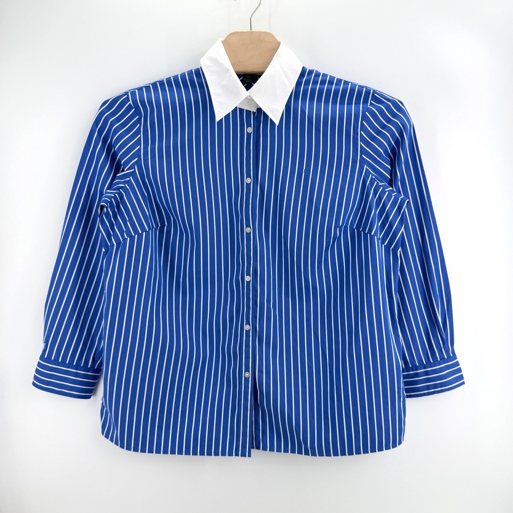Lauren Ralph Lauren Striped Button Down 1X Cotton Blue White Contrast Prep Shirt